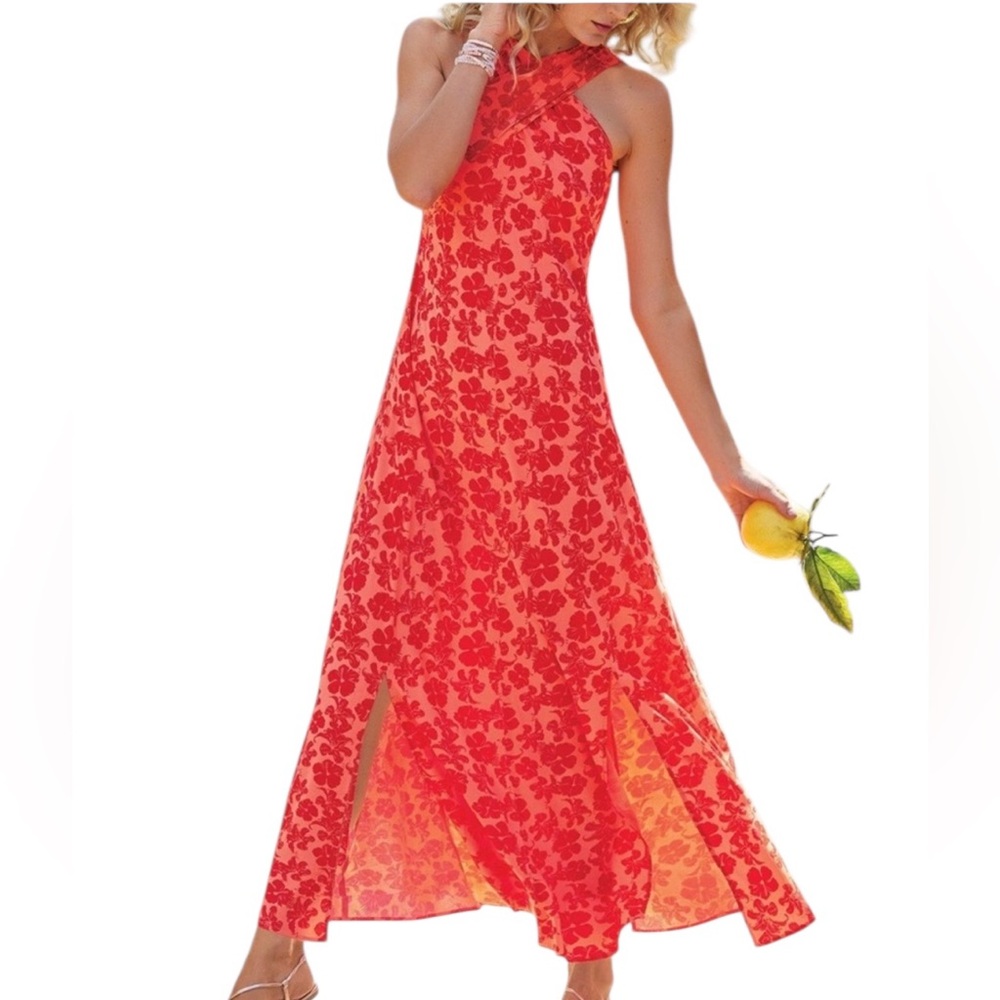Soft Surroundings Red-orange hibiscus Floral print Maxi Dress